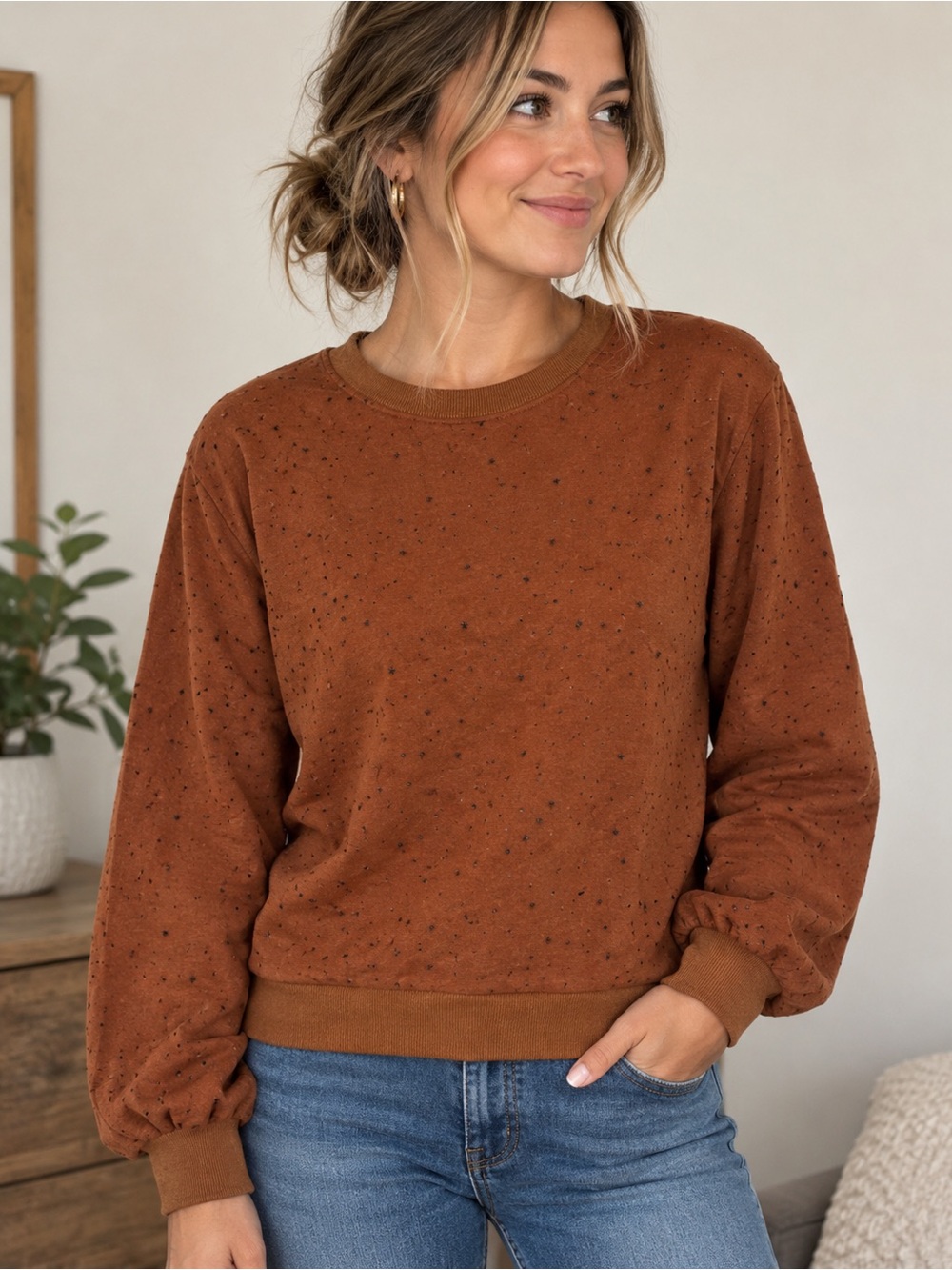 Mystree Los Angeles Cocoa Brown Distressed Mineral Wash Sweatshirt
